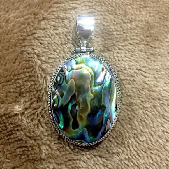 Abalone and Sterling Silver Oval Pendant with Rope Trim Around Bezel - Picture 8 of 15